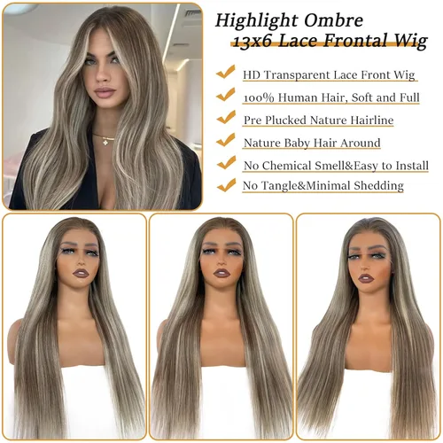 Vista 4 de Pelucas de cabello humano lacio con encaje frontal, color castaño cenizo degradado a rubio 613 con raíces oscuras 13x6 HD, peluca frontal de encaje