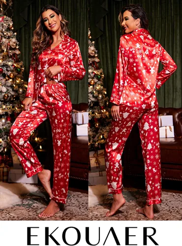 Vista 2 de Ekouaer Conjunto de pijama de satén largo clásico de verano para mujer