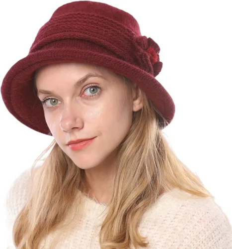 Vista 53 de C-US - Gorro de punto cálido para mujer, con visera de ganchillo con acento de flores