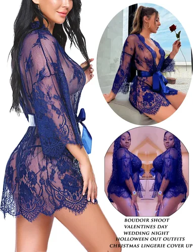 Vista 5 de Avidlove - Kimono de encaje para mujer, tipo babydoll, camisón de malla, lencería, bata, tallas S-5XL