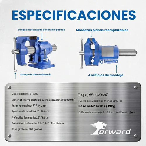 Vista 7 de Forward Tornillo de banco resistente de 6 pulgadas DT150B con base
