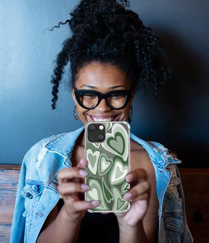 Vista 5 de Funda compatible con iPhone 15, diseño de kawaii, diseño femenino femenino para mujeres y niñas, diseño abstracto de corazón verde