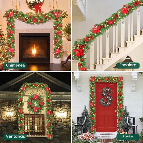 Vista 7 de Guirnalda de Navidad con Luces, Guirnalda Iluminada de Navidad de 2.74 m con 30 LED, Guirnalda Preiluminada Operada con Pilas, Guirnalda de Navidad