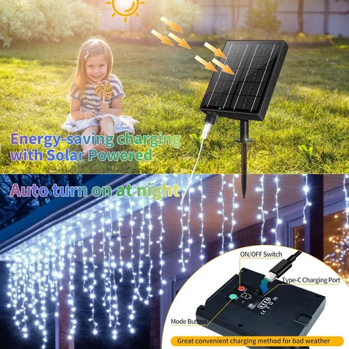 Vista 3 de Luces Solares de Carámbanos para Exteriores Impermeables - 82 Pies 660 Luces LED de Carámbanos de Navidad para Exteriores con Control Remoto, Blanco