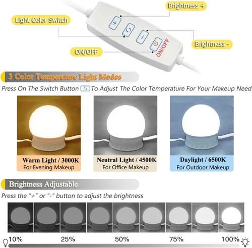 Vista 2 de Luces LED de tocador, temperatura de color ajustable y brillo, 14 bombillas regulables para iluminación de espejo de vestidor