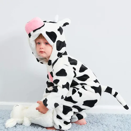 Vista 5 de GRNSHTS Newborn Baby Cartoon Cows Warm Flannel Hooded Romper Unisex Baby Animal Costume Winter Autumn Jumpsuit