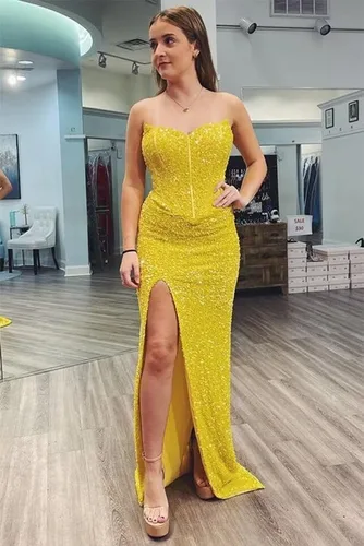 Vista 6 de Vestidos de fiesta de lentejuelas brillantes para mujer, vestido largo de noche de sirena 2024, sin tirantes, vestido de baile formal con purpurina