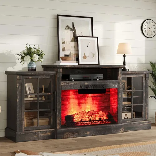 Vista 6 de AMERLIFE Soporte de TV con chimenea de 70 pulgadas para televisores de hasta 80 pulgadas, consola multimedia con armarios de almacenamiento