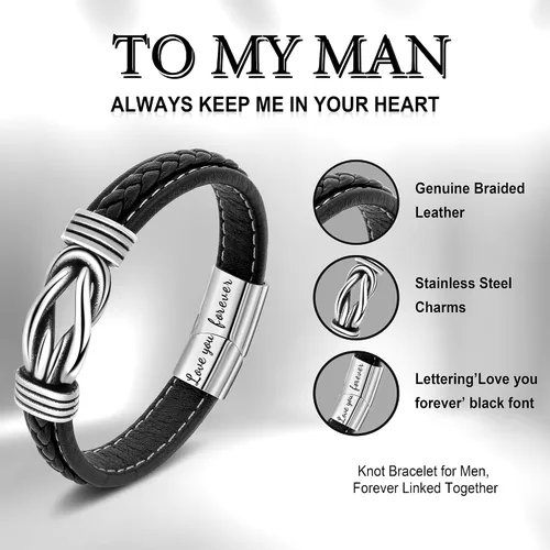 Vista 3 de Pulsera de nudo de hombre para regalo, cuero trenzado color marrón, del infinito, de acero inoxidable, con la frase Love You Forever, para hijos