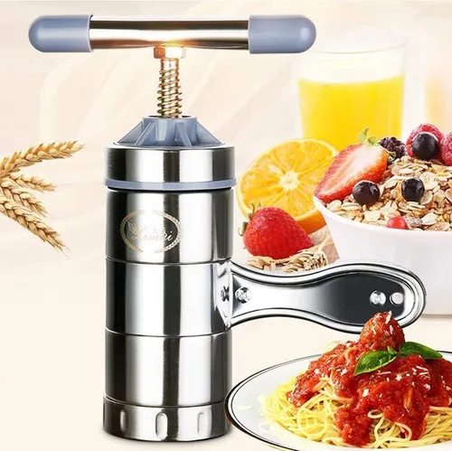 Vista 7 de Máquina de fideos manuales de acero inoxidable, máquina de prensa portátil para hacer pasta, herramientas de fabricación de espaguetis con 5 moldes