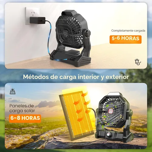 Vista 7 de Ventilador de energía solar, 【Máximo de 40 horas de funcionamiento】Ventiladores solares recargables de camping y linterna LED, ventilador portátil
