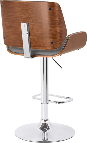 Vista 5 de Armen Living London Taburete de bar moderno giratorio de altura ajustable de piel sintética gris y madera de nogal con base cromada para encimera