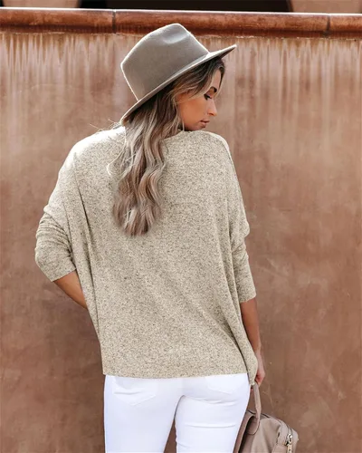 Vista 3 de Camisetas de manga larga con cuello en V para mujer, ajuste holgado, manga murciélago, básicas, a la moda, casual, suéter sin botones