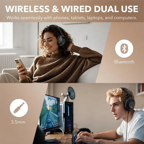 Vista 9 de YMOO Auriculares con cancelación activa de ruido para viajes en avión, audio LDAC de alta resolución, auriculares ANC con cable e inalámbricos, 100