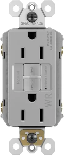Vista 2 de Legrand Radiant 1597TRWRGRYCCD4 15 Amp GFCI para exteriores, autocomprobación, resistente a manipulaciones, resistente a la intemperie, salida