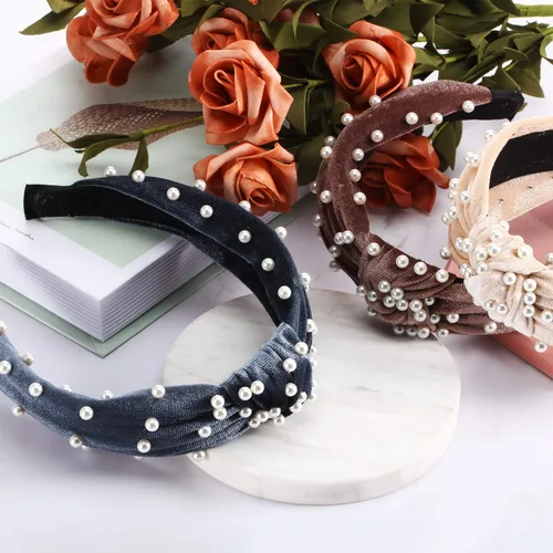 Vista 7 de WILLBOND Diadema anudada con perlas de terciopelo para mujer, accesorios para el cabello (beige, malva pálido, negro)