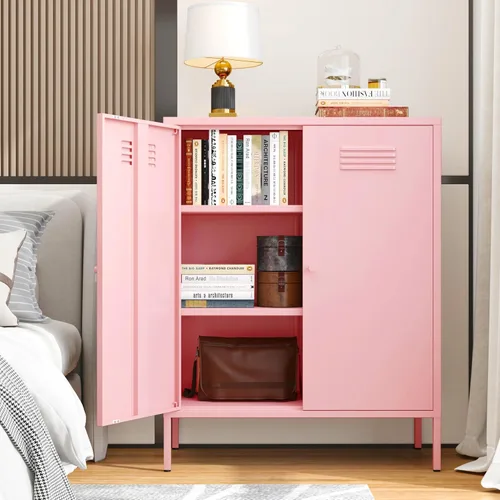 Vista 11 de Gabinete de almacenamiento de metal, soporte de TV de 2 puertas, armario decorativo con puertas y estante ajustable, armario de metal, mesita