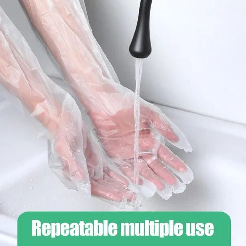 Vista 6 de 20 guantes de limpieza de goma desechables largos transparentes, guantes de plástico para lavar platos, guantes de plástico desechables impermeables