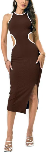 Vista 4 de Vestido ajustado sexy para mujer, cintura recortada, espalda abierta, longitud hasta el tobillo, acanalado, fiesta, club, mini vestidos midi