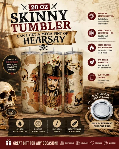 Vista 2 de Taza personalizada Mega Pint of Hearsay Depp Jack Sparrow Skinny Tumbler Cup de 20 onzas con popote y tapa, taza portátil de viaje para café