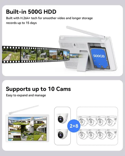 Vista 4 de Sistema de cámara de seguridad inalámbrica con monitor de 10 pulgadas, 2 cámaras WiFi domo de 3 MP para exteriores, NVR de vigilancia de 10 canales