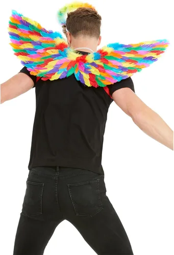 Vista 2 de Smiffys Alas de plumas de arco iris, multicolor 80cm/31in, artículos de arcoíris y orgullo gay, accesorios de disfraces para adultos