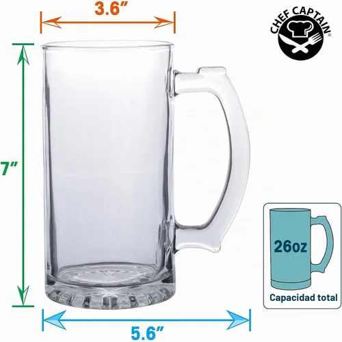Vista 2 de Chefcaptain Vasos de cerveza gigantes de 26 onzas con asas, paquete de 2, vidrio grueso sin plomo