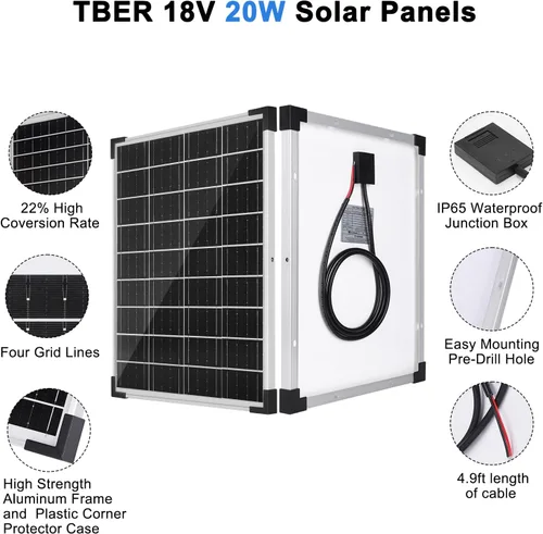 Vista 4 de TBER Kit de panel solar de 20 W 12 V, cargador de batería solar con controlador de carga de 10 A y cables de extensión con clips de batería