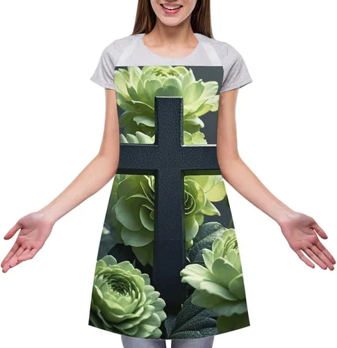 Vista 3 de MUSM Apron for Adults - 27.6 X 31.5 Inch, Heavy-Duty Polyester Aprons with Two Large Pockets, Waterproof Black Cross Among Green Flowers Kitchen