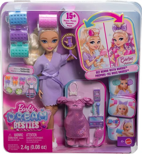 Vista 6 de Muñeca de moda Barbie Dream GET Ready Malibu con cabello estilizado, incluye accesorios sorpresa para el cabello y más de 15 looks