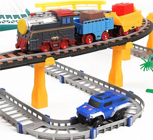 Vista 2 de Juego de tren eléctrico para niños de 4 a 8 años con juego de pistas de tren y pistas de automóvil, puente iluminado, señal de tráfico, sonido