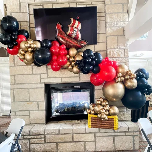 Vista 7 de Decoraciones de fiesta de cumpleaños pirata, 142 piezas de guirnalda de globos dorados metálicos rojos, negros, kit de arco de arco de globos