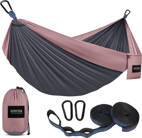 Vista 11 de Kootek - Hamaca portátil doble e individual con 2 correas para árboles, de nailon ligero de paracaídas para mochileros, viajes, playa, patio, Negro