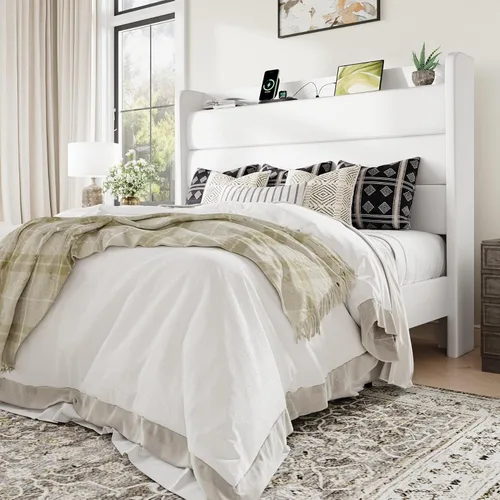 Vista 12 de Allewie Estructura de Cama Tapizada Tamaño Full con Estación de Carga y Cabecera con Almacenamiento, Cama Plataforma de Terciopelo Suave