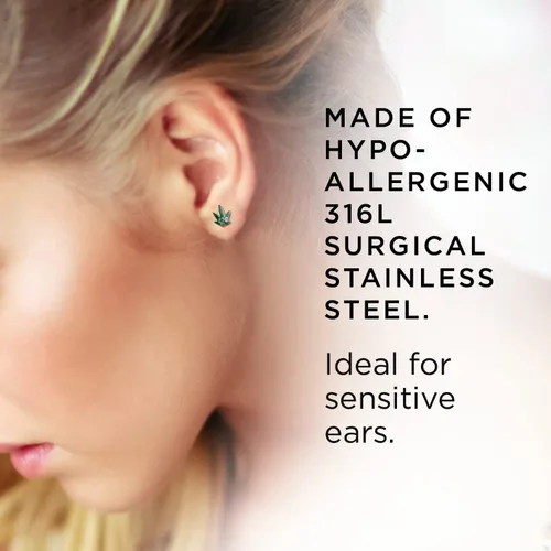 Vista 5 de Pierce2GO Aretes tipo dormilona de acero inoxidable con símbolo 420, hoja de maceta verde, aretes de acero quirúrgico para mujeres y hombres, juego