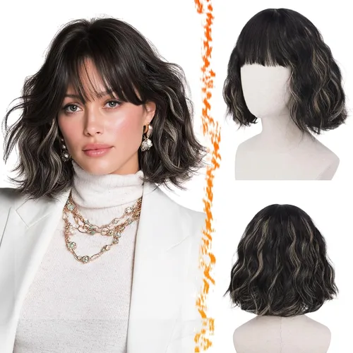 Vista 28 de BARSDAR Peluca corta ondulada con reflejos castaño, peluca corta ondulada con flequillo para mujer, gruesa, suave, sintética, texturizada, rizada