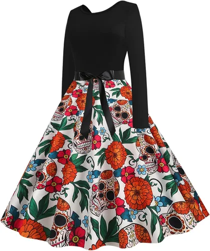 Vista 8 de Disfraces de Halloween para mujer, estampado de moda, manga larga, cuello redondo, vestido casual con dobladillo
