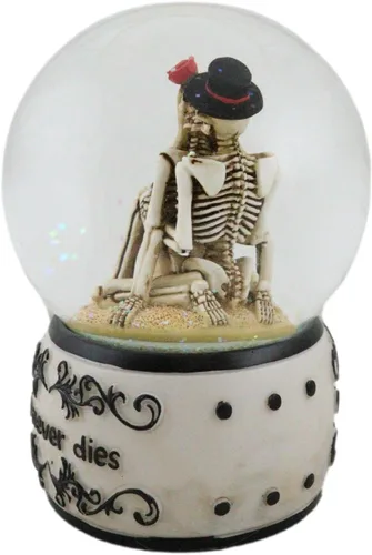 Vista 3 de Ebros Gift Día de los muertos El amor nunca muere besos franceses besándose recién casado esqueletos sentados en la playa de arena globo de agua