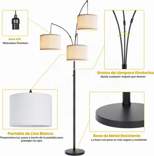 Vista 7 de Lámpara de pie regulable: 3 luces de arco para sala de estar, lámpara de pie alta moderna de 1000 lm con pantallas blancas y base pesada, lámpara