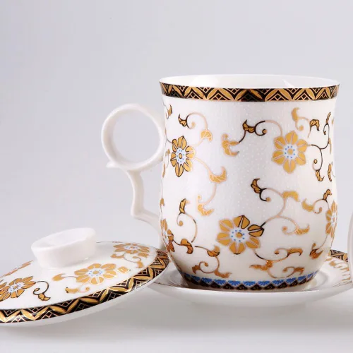 Vista 6 de Taza de té de porcelana con tapa de infusor y juegos de platillos – Taza de café de cerámica china Jingdezhen Taza de té de hoja suelta Sistema