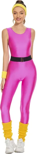 Vista 2 de MIAIULIA - Traje de entrenamiento de los años 80 para mujer, conjunto de accesorios de los años 80, leotardo, leggings de neón, diadema y muñequeras