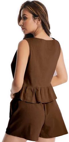 Vista 4 de FIHCH Conjunto de 2 piezas de lino para mujer, conjunto casual de 2 piezas, camiseta sin mangas, pantalones cortos con cordón, bolsillos, conjunto