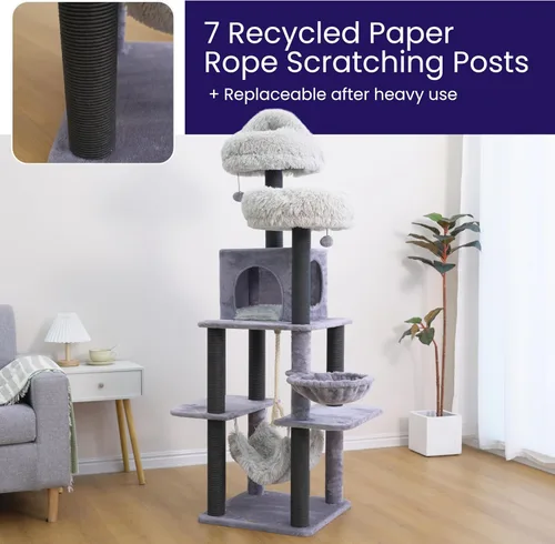 Vista 5 de Catry Bradbury - Árbol para gatos moderno de 7 niveles y 62.5 pulgadas con postes rascadores reemplazables, condominio grande, dos camas lavables