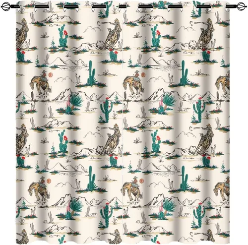 Vista 42 de Cortinas opacas retro de vaquero occidental para dormitorio, estilo rústico, cactus, salvaje oeste, vaquero, paseo, caballo, con ojales, aislamiento