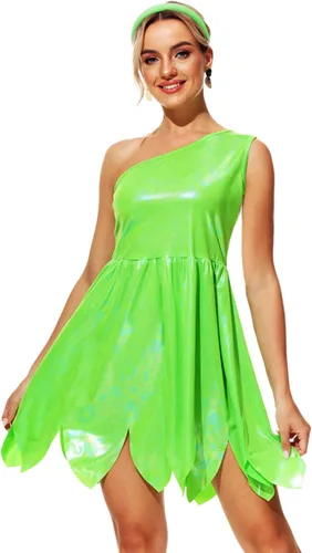Vista 3 de AOBUTE Disfraz de Halloween de Peter Pan para mujer, disfraz brillante de Campana Tinker, disfraz para adultos y familia Cosplay