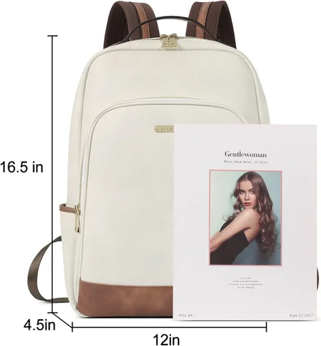 Vista 3 de CLUCI Mochila de cuero para mujer de 15.6 pulgadas, mochila para computadora portátil, mochila para viajes, avión, mochila casual, color beige