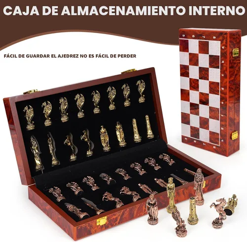 Vista 4 de Juego de ajedrez vintage de metal para adultos y niños, tablero de madera de 15 pulgadas con piezas de metal, juego de ajedrez de viaje, juego