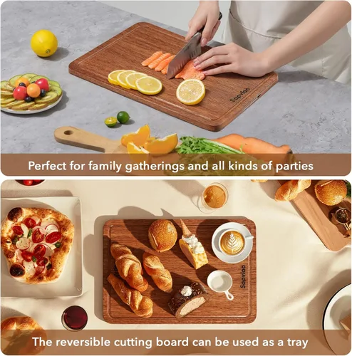 Vista 7 de Tabla de cortar de madera de teca, diseño unibody sólido, una pieza, duradera, apta para cuchillos, tabla de cortar de madera con ranuras profundas