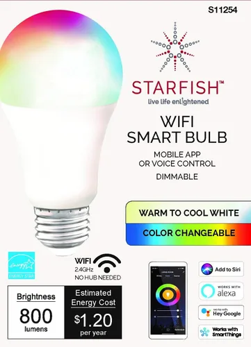 Vista 7 de Satco S11254 Starfish - Bombilla LED inteligente A19 de 10 vatios que cambia de color, funciona con Siri, Alexa, Google Assistant, SmartThings