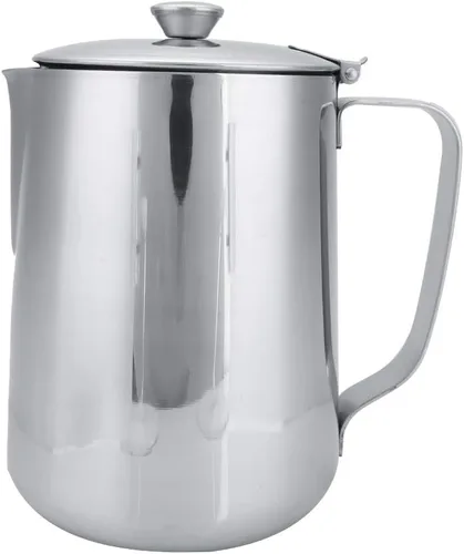 Vista 5 de Jarra de acero inoxidable de grado comercial para café, jarra de espuma de leche con tapa (11.8 fl oz)